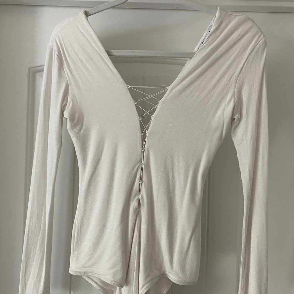 T by Alexander Wang White Plunge Neckline Bodysuit